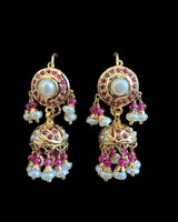 Gold-Plated Silver Jhumka Earrings in Ruby & Freshwater Pearls ( READY TO SHIP )