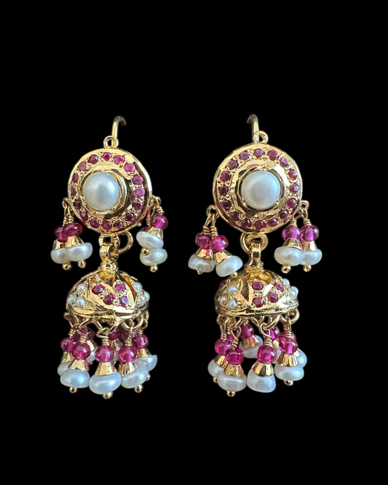Gold-Plated Silver Jhumka Earrings in Ruby & Freshwater Pearls ( READY TO SHIP )