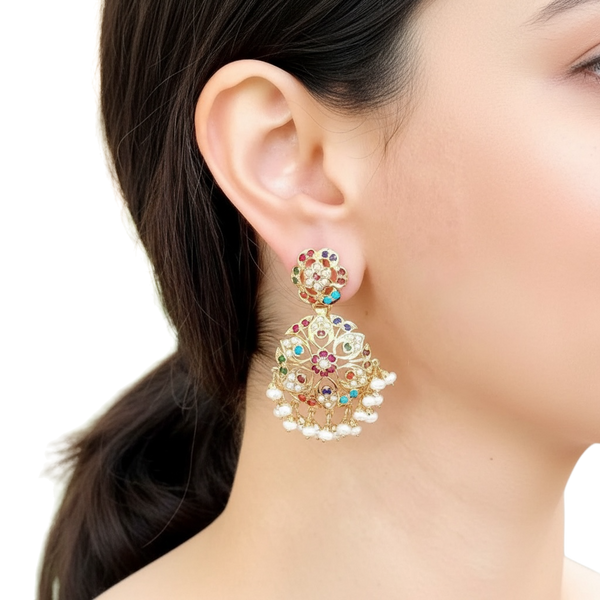 Gold plated silver earrings in navratan ( READY TO SHIP )