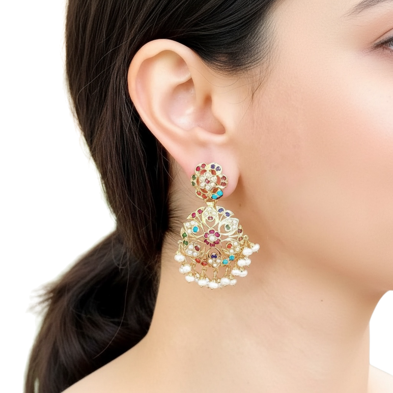 Gold plated silver earrings in navratan ( READY TO SHIP )