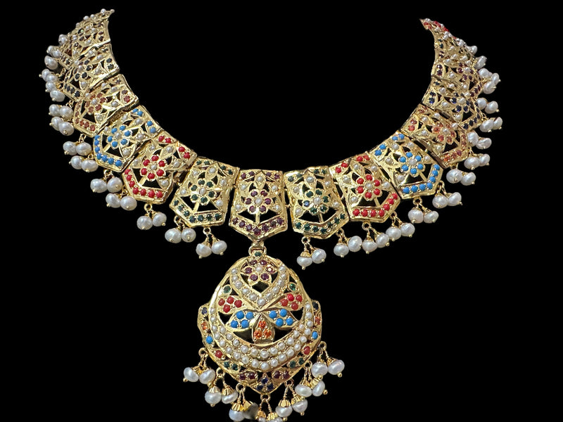 Navratan / Multicolored Jadau Necklace Set in Gold Plated Silver ( READY TO SHIP )