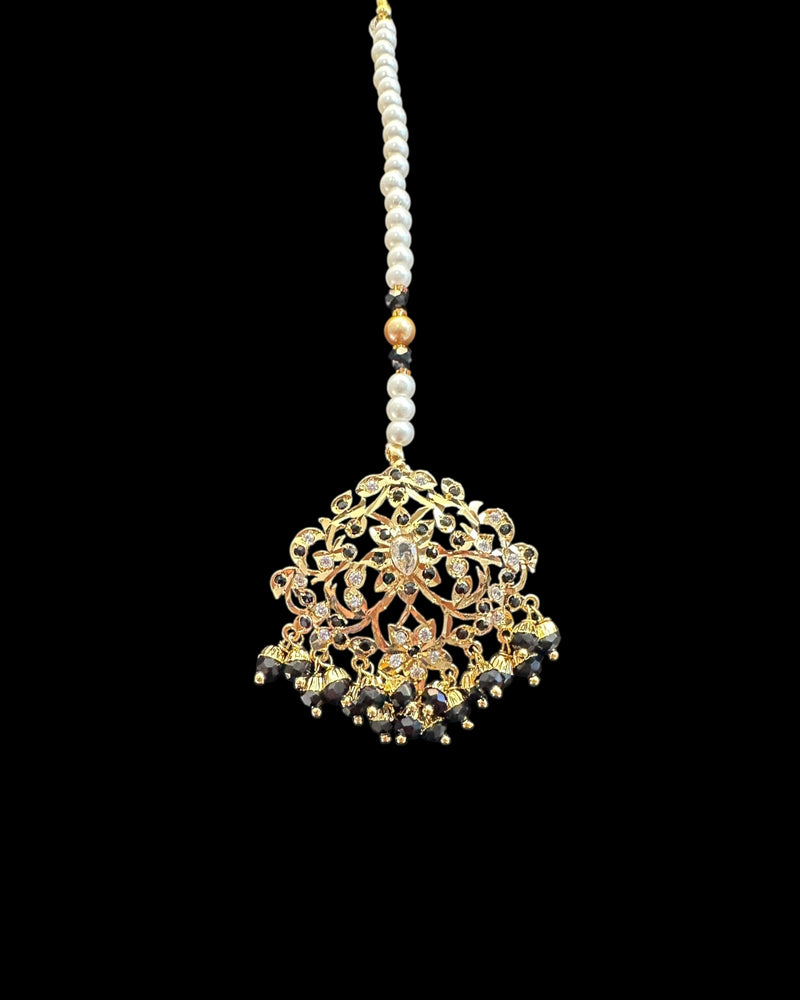 DJET100 Black & Zircon Gold-Plated Earrings with Tikka Set ( READY TO SHIP )