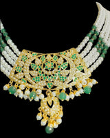 DNS505 Gold Plated Jadau Emerald Pearl Necklace Set with Earrings  ( READY TO SHIP )