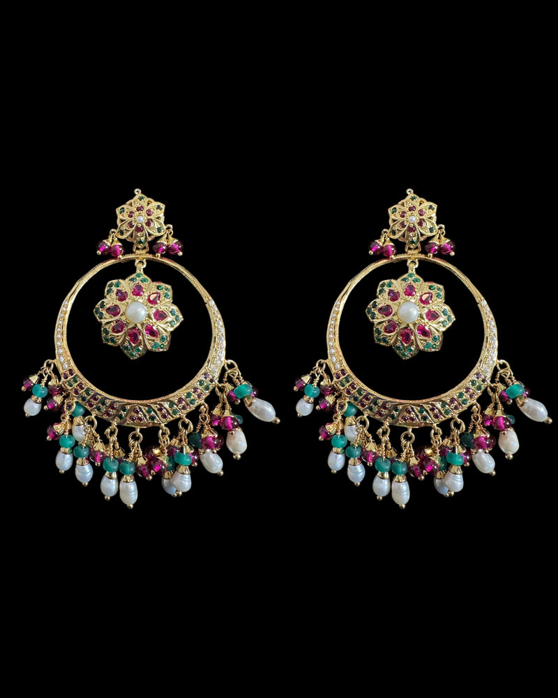 SER21 Ruby emerald pearl gold plated silver chandbali earrings ( READY TO SHIP )