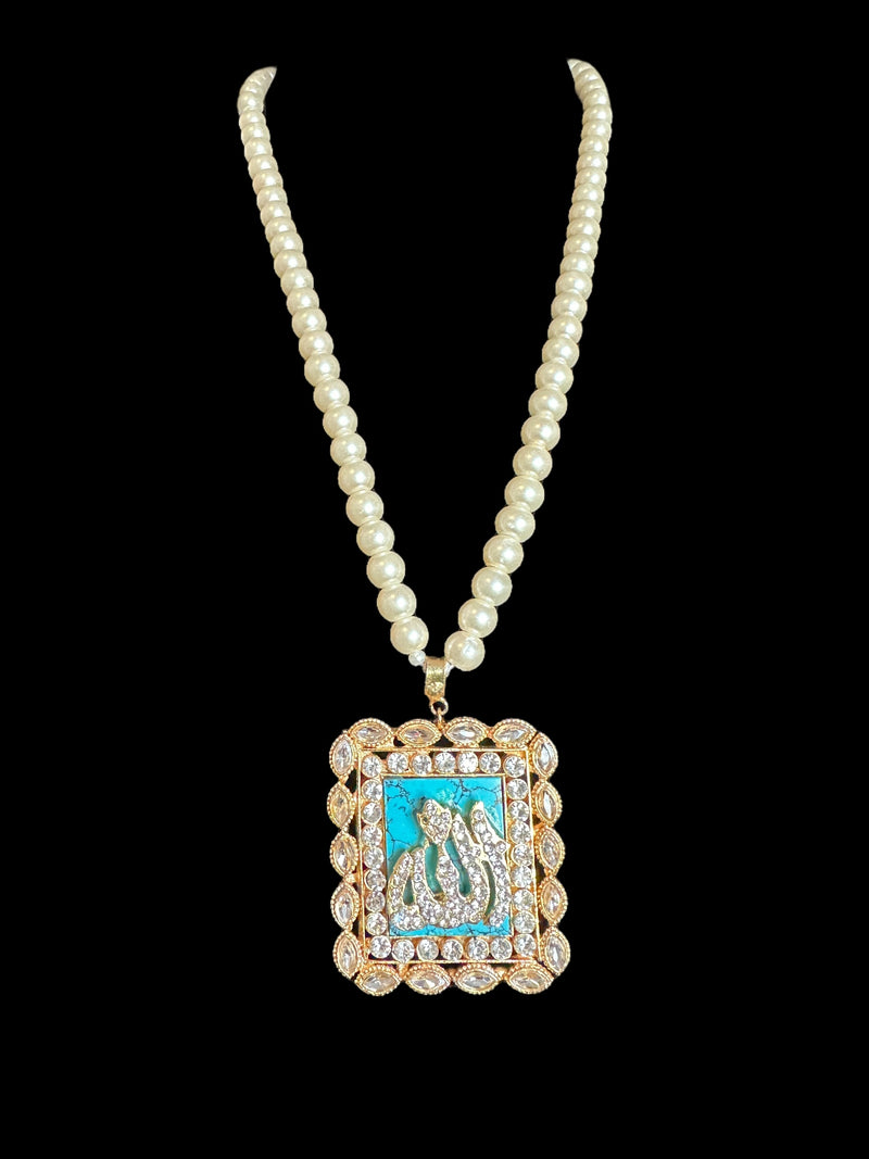 PS534 caligraphic pendant set with turquoise stone in pearls ( READY TO SHIP )