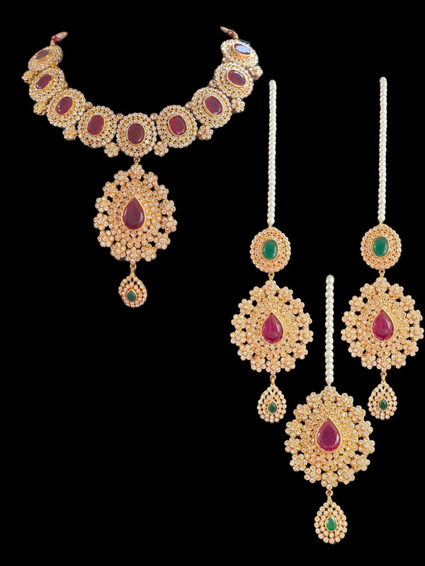 BR303 Ruby emerald with zircon combination gold plated necklace set ( READY TO SHIP )