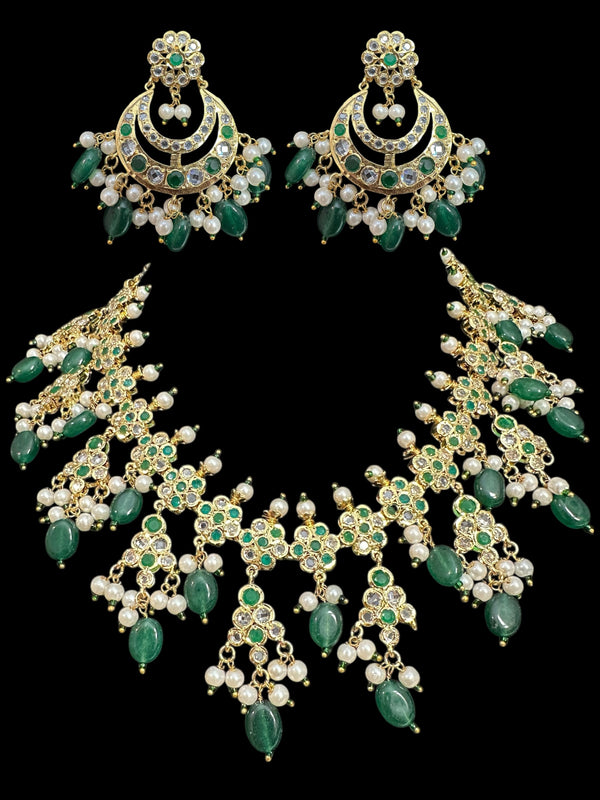 DNS151 Hyderabadi necklace with chandbali - green beads ( READY TO SHIP )