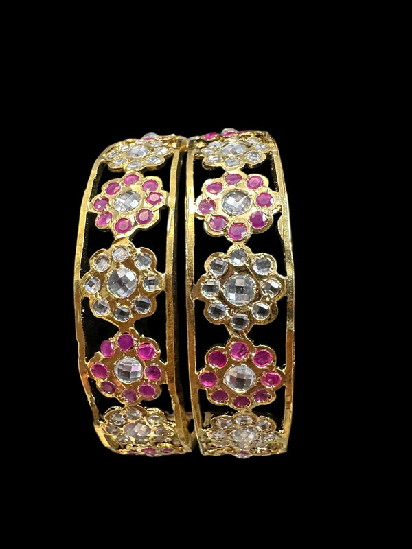 Indu Gold-Plated CZ Polki Bangles – Ruby & Clear Combination (Set of 2) ( READY TO SHIP )