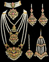 BR601 Ruby Emerald & Freshwater Pearl Handcrafted Bridal Jewelry Set (READY TO SHIP)