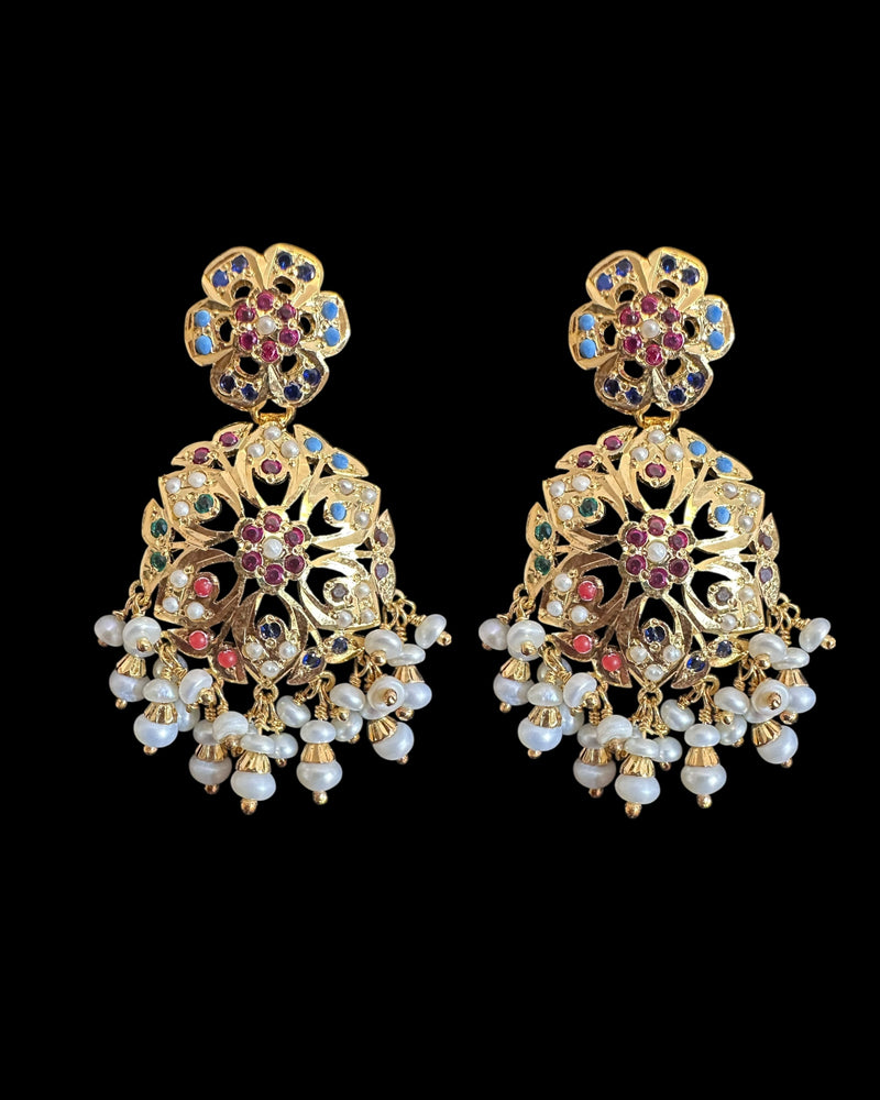 Gold plated silver earrings in navratan ( READY TO SHIP )