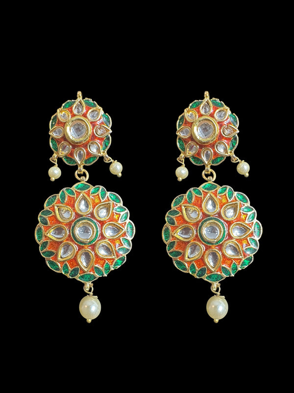 Kundan earrings - orange  green ( READY TO SHIP )