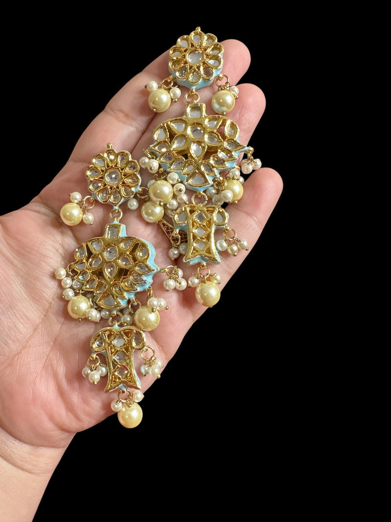 Kundan meena earrings - turquoise with pearl  ( READY TO SHIP )