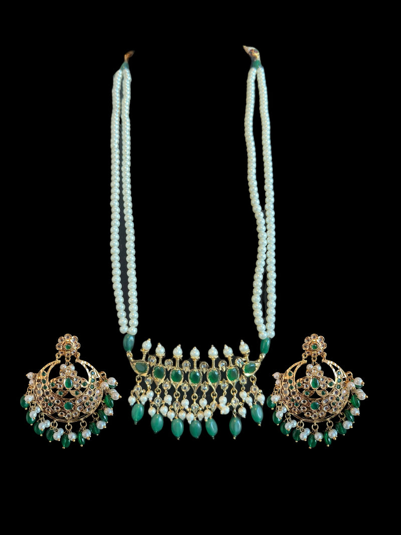 PS521 Tirmani with chandbali in green beads with pearls ( READY TO SHIP )