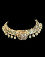 C605 Gold-Plated Meenakari Hasli Necklace Set with Polki Jhumka Earrings ( READY TO SHIP )