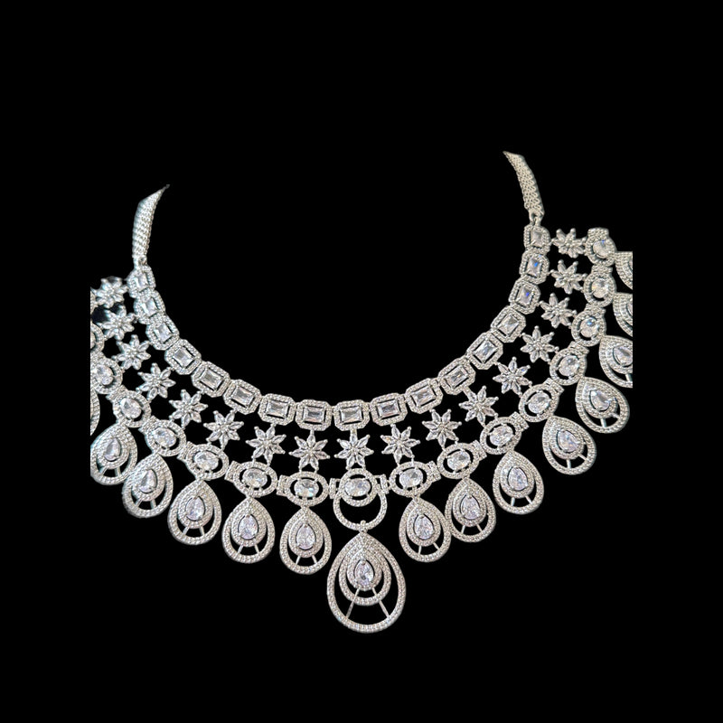 DNS81 silver plated diamanté necklace with earrings ( SHIPS IN 4 WEEKS  )