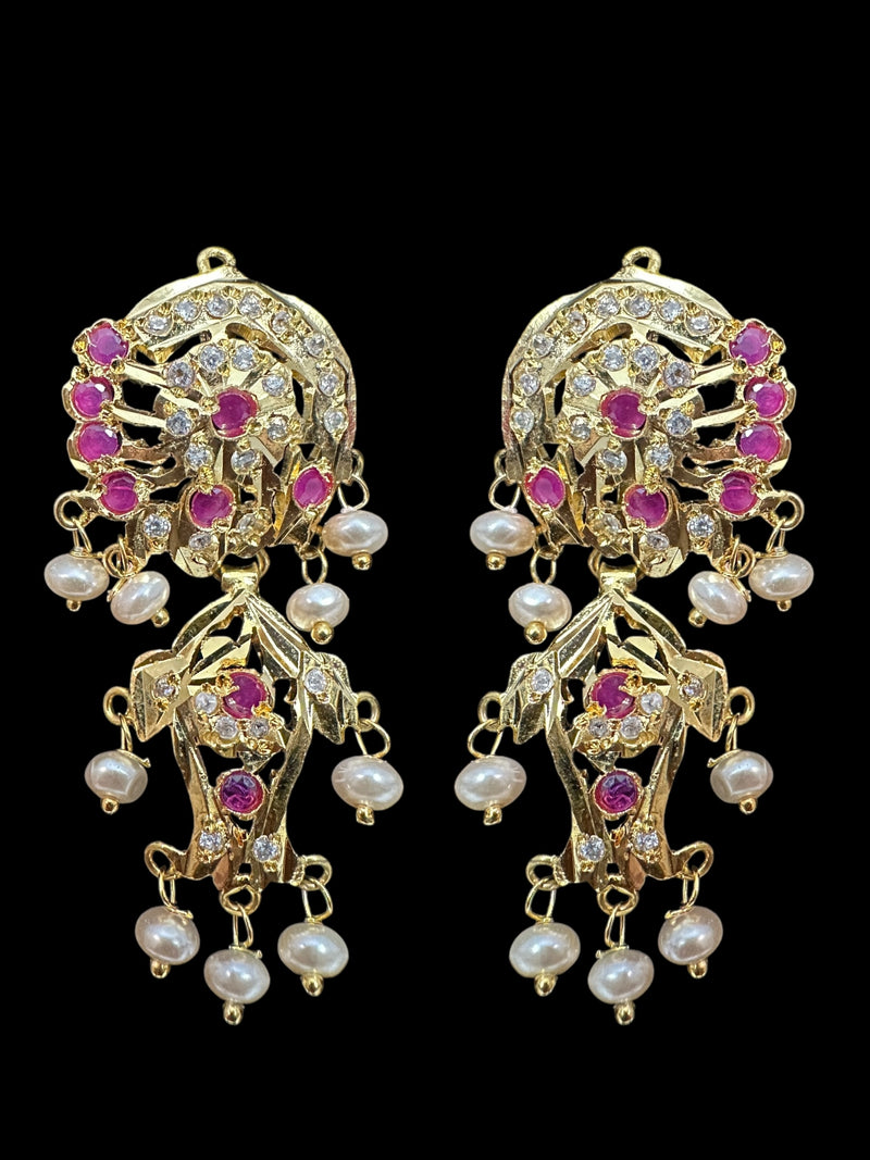 DER633 jadau earrings in fresh water pearls - ruby READY TO SHIP )