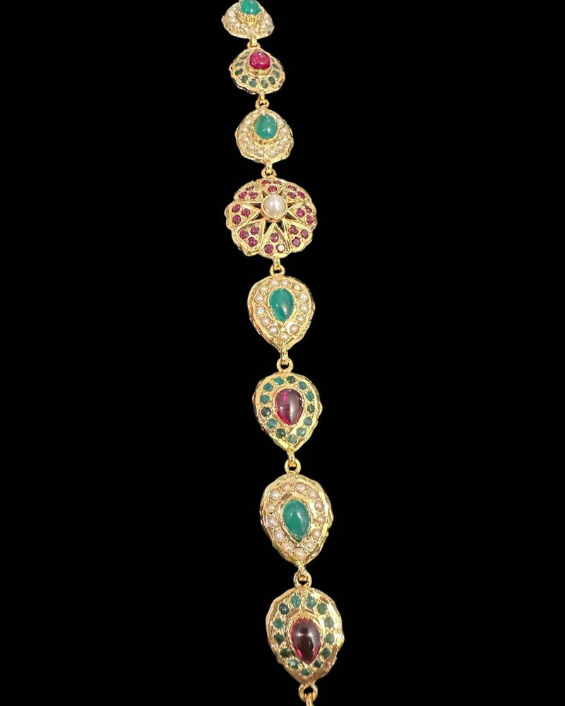 Ruby, Emerald & Pearl Gold-Plated Silver Bracelet – 92.5 Silver ( READY TO SHIP )