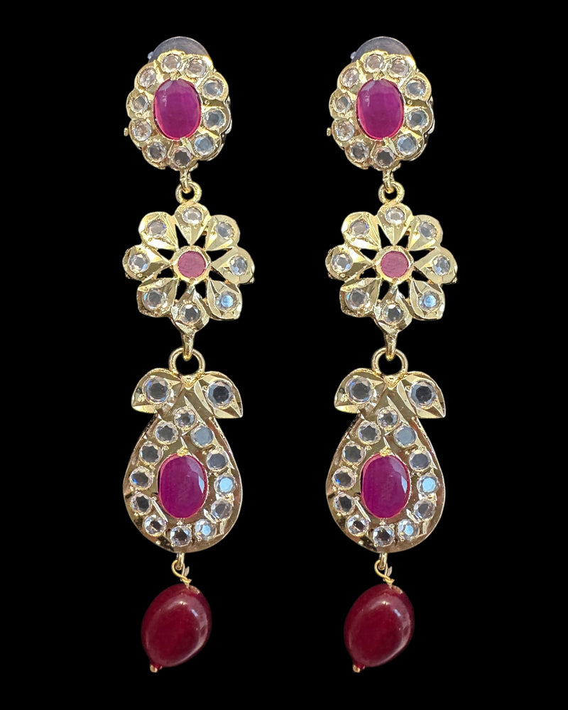 DNS209 🌸 Floral Motif Hyderabadi Necklace Set – Gold-Plated with CZ Polki & Ruby Quartz Beads ( READY TO SHIP )