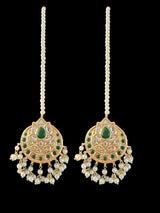 ET505  kundan studs with pearl ear supports - Green ( READY TO SHIP )