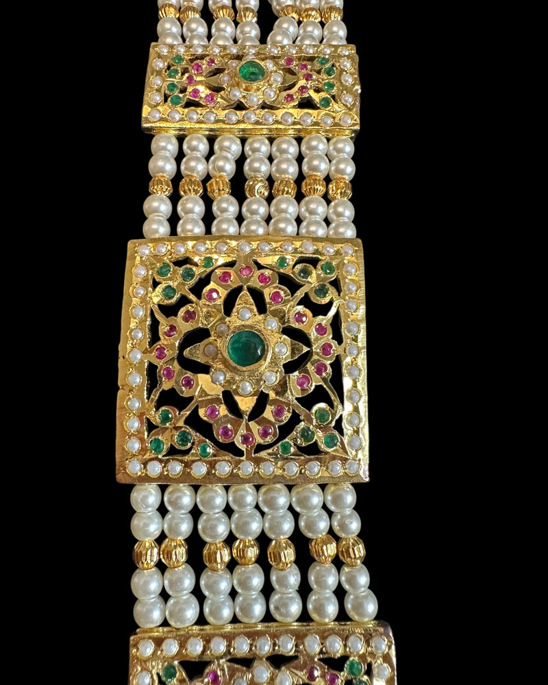 B66 Saira jadau bracelet in ruby emerald with pearls    ( READY TO SHIP )