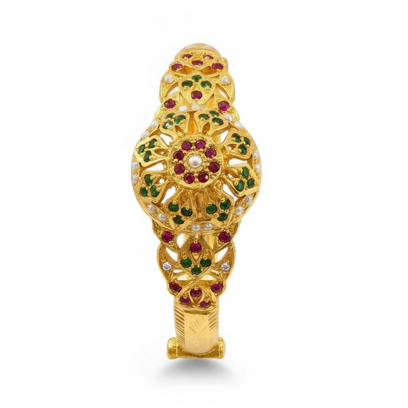 Ruby, Emerald & Freshwater Pearl Gold-Plated Silver Kada Bracelet ( SHIPS IN 5 WEEKS )