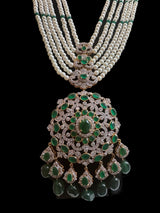 DLN138 Mandira Long CZ Pearl Mala with Green Beads – Necklace & Earrings Set ( READY TO SHIP )