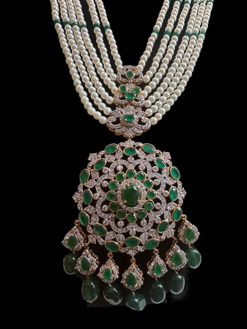 DLN138 Mandira Long CZ Pearl Mala with Green Beads – Necklace & Earrings Set ( READY TO SHIP )