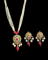 gold plated pendant set in navratan with pearl strings  ( READY TO SHIP )