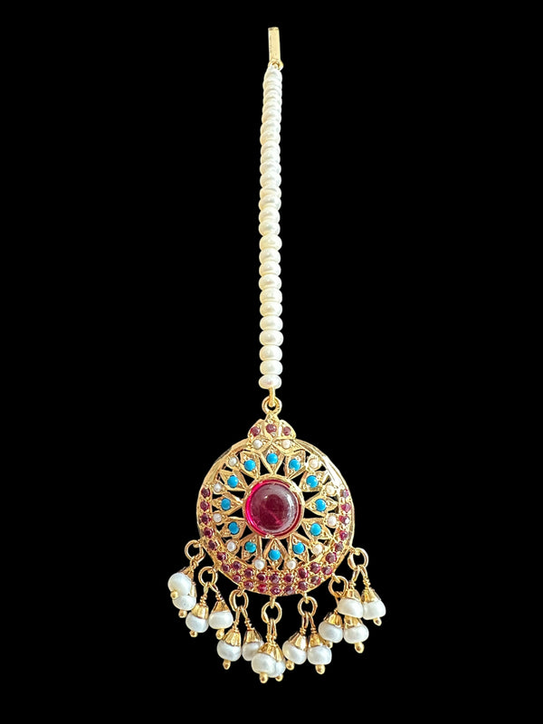 Gold-Plated Silver Tikka with Ruby, Turquoise & Pearls – Medium Size ( READY TO SHIP )