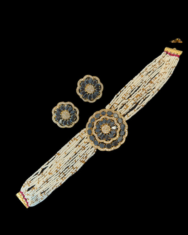 C587 Gold-Plated CZ Choker Set in Black& Pearl Strings | Elegant Black Stone Necklace with Studs
 ( READY TO SHIP )