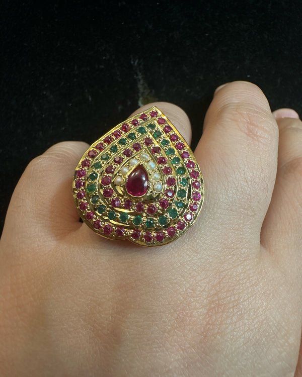 Ruby, Emerald & Pearl Heart-Shaped Ring – Gold-Plated Silver Elegance ( READY TO SHIP )