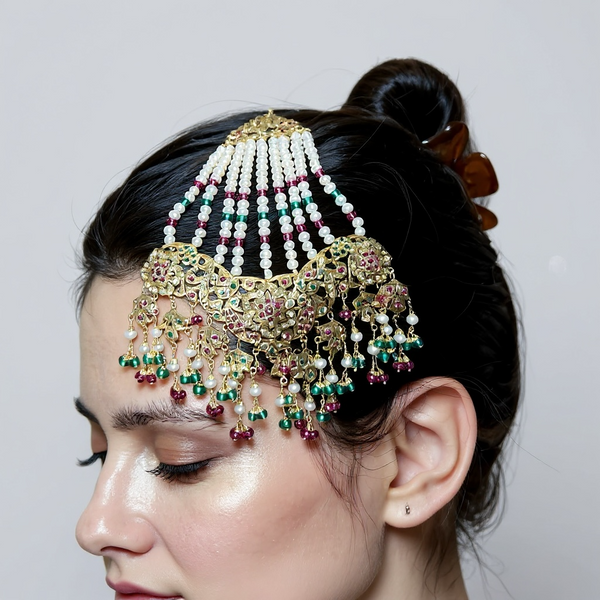 Jadau Jhoomar in Ruby, Emerald & Pearls – Gold Plated 92.5 Silver | Traditional Hyderabadi ( READY TO SHIP )