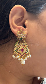 Navratan Dangler Choker Set with Earrings & Tika – Gold-Plated Elegance