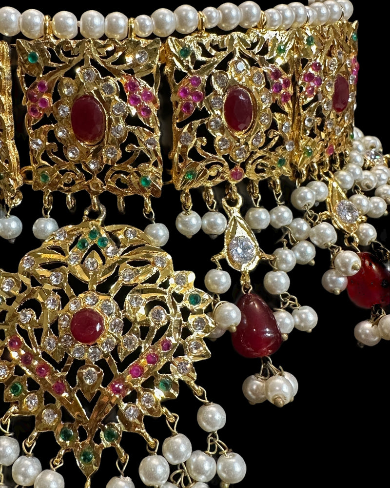 Ruby & Emerald Gold-Plated Bridal Choker with Earrings – Handcrafted