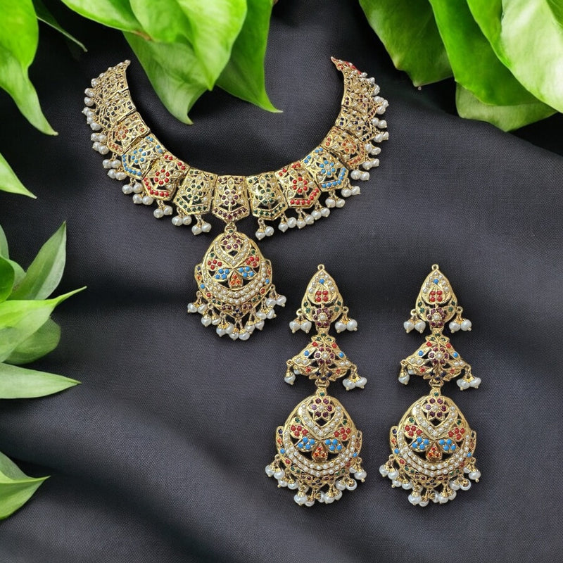 Navratan / Multicolored Jadau Necklace Set in Gold Plated Silver ( READY TO SHIP )