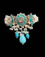 C594 Turquoise & CZ-Polki Floral Choker Set — Gold Plated ( READY TO SHIP )