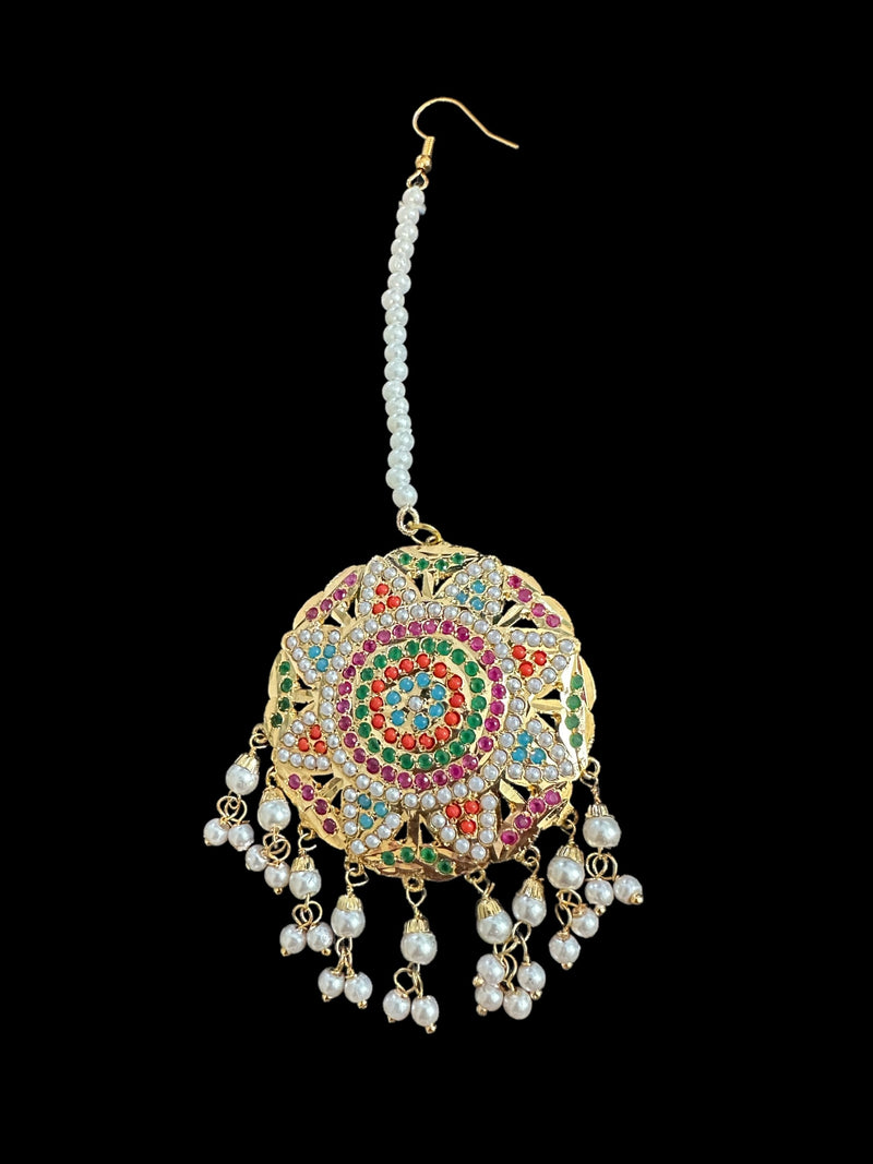 Jadau jhumka in Navratan with pearls ( READY TO SHIP )