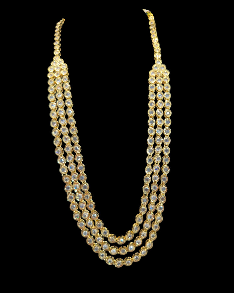 Three-Layer Mala Necklace Set with Earrings – Gold Plated, CZ Polki ( READY TO SHIP )