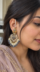 ERS82 Gold-Plated Meenakari Chandbali Earrings with Pearl Ear Support - BLUE ( READY TO SHIP)