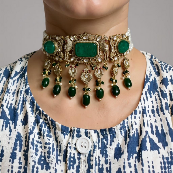 C574 Gold plated Polki / doublet choker with earrings tika ( READY TO SHIP )