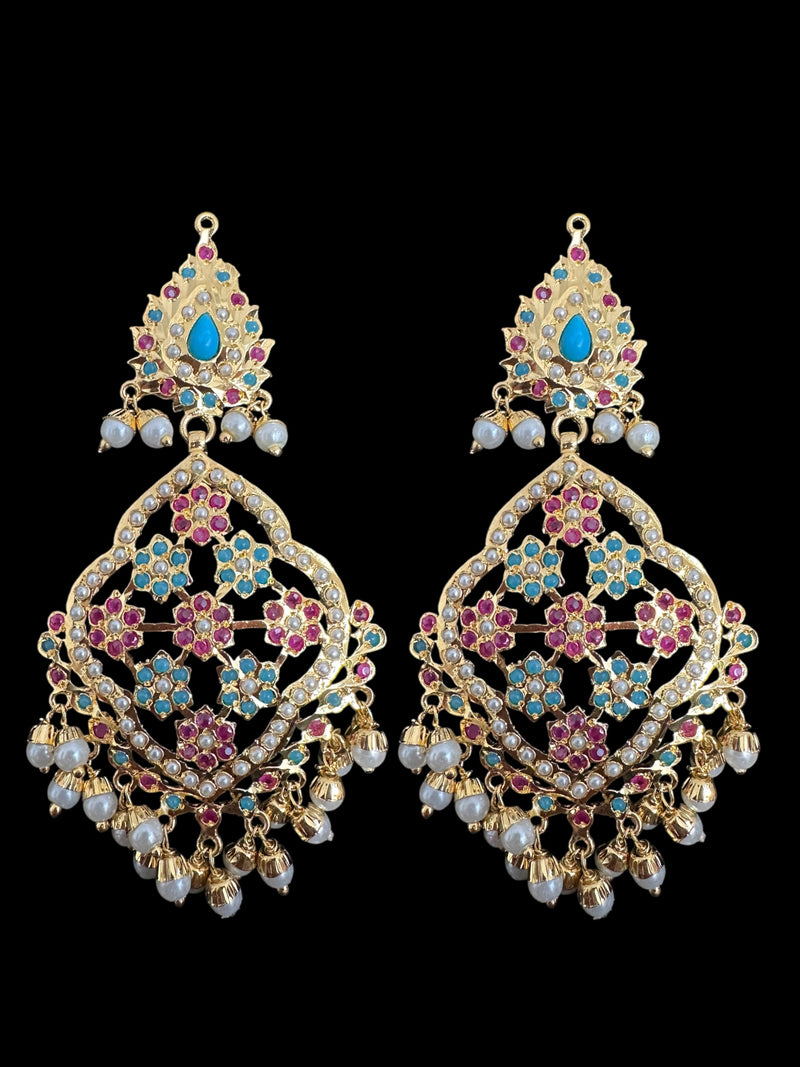 Mehru Jadau chandbali earrings tika in ruby turquoise and pearls ( READY TO SHIP )