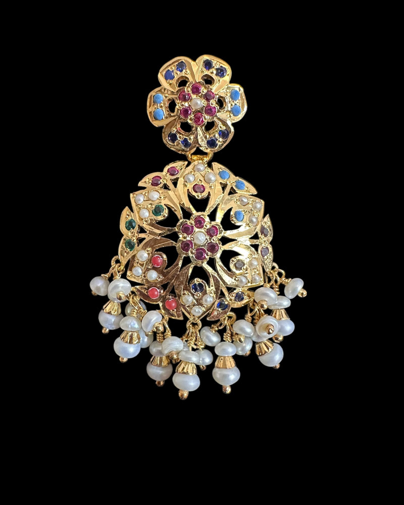 Gold plated silver earrings in navratan ( READY TO SHIP )