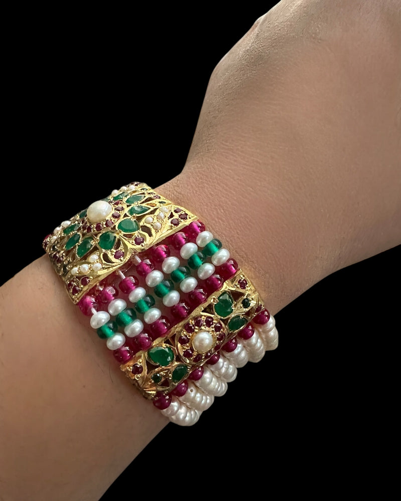 Gold-Plated Silver jadau Bracelet in Ruby, Emerald & Freshwater Pearls ( READY TO SHIP )