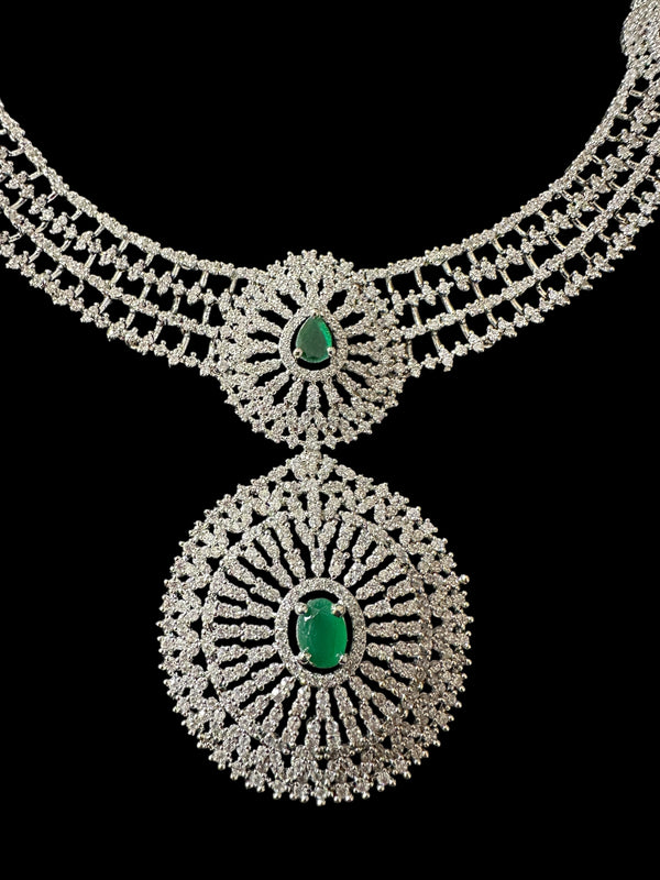 DNS171 Cz necklace set with earrings tika  silver plated - Emerald green centre stone    (READY TO SHIP)