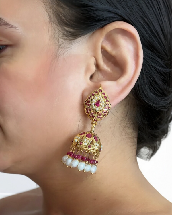 Ruby & Freshwater Pearl Jadau Jhumka – Gold-Plated 92.5 Silver ( READY TO SHIP )
