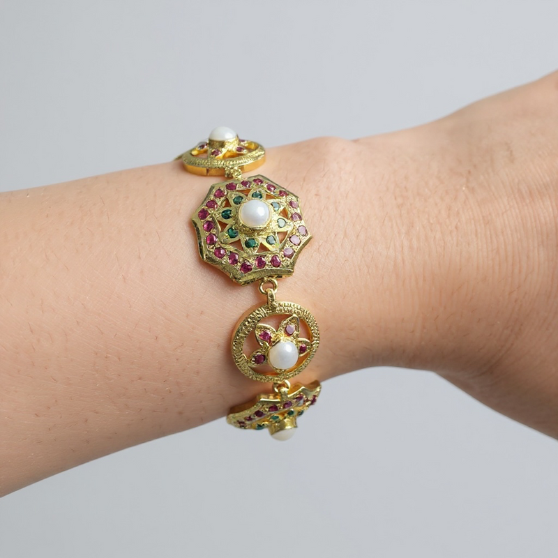 Gold Plated Silver Ruby Emerald Bracelet with Freshwater Pearls ( READY TO SHIP )