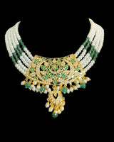 DNS505 Gold Plated Jadau Emerald Pearl Necklace Set with Earrings  ( READY TO SHIP )
