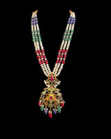 Navratan Gold-Plated Pendant with Jhumka Earrings Set | Freshwater Pearls | Ruby, Emerald & Sapphire Beads ( READY TO SHIP )