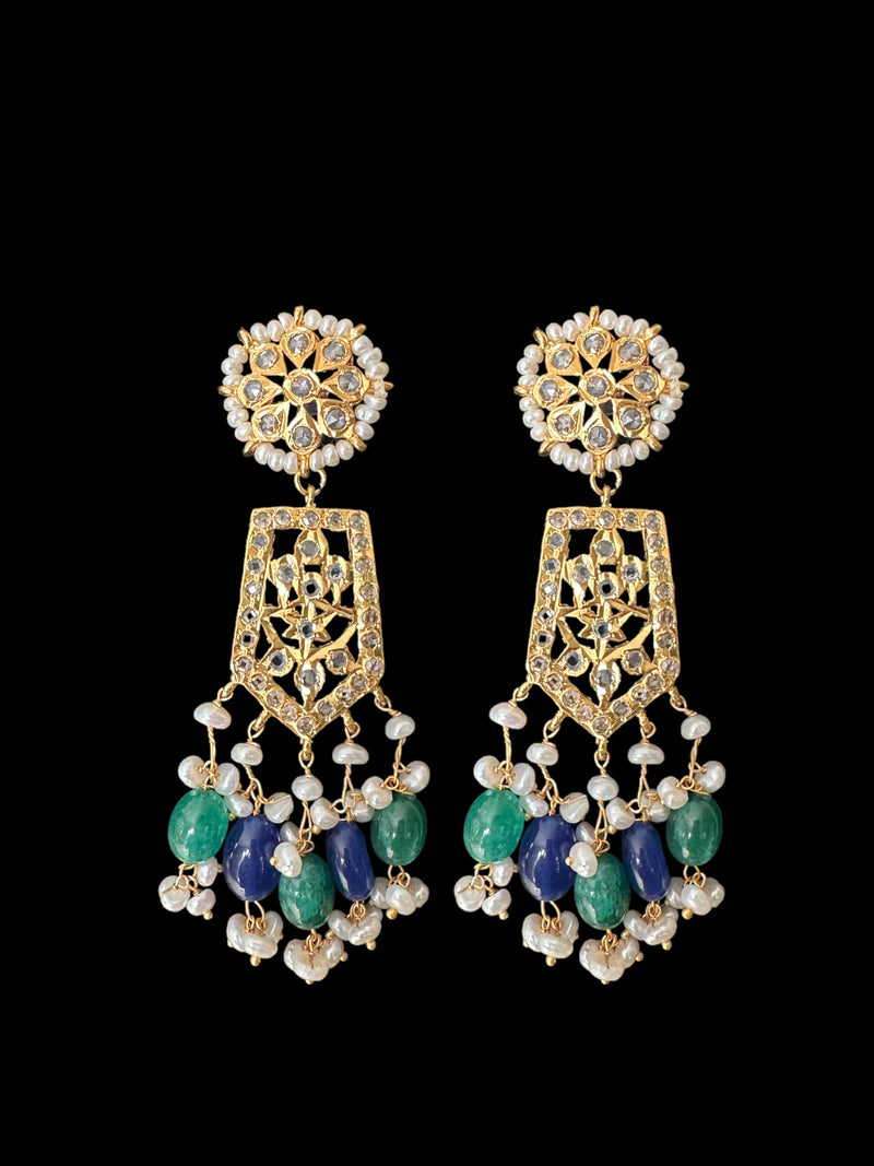 DER598 Indu earrings with fresh water pearls and emerald sapphire beads ( READY TO SHIP )