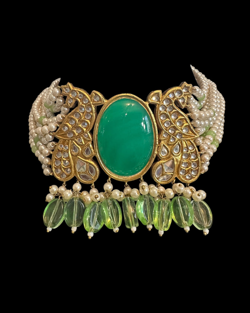 C577 Gold Plated Kundan Choker with Light Green Beads & Earrings ( READY TO SHIP )